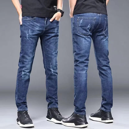 Calça Jeans Masculina Casual Elegante Clássica para Negócios Quatro Estações Preta Azul Calças de Cintura Média Leggings de Tecido Jeans Masculino