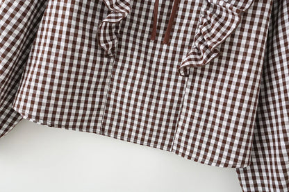 Women's Cotton Gingham Cropped Ruffle Tie Neck Blouse Spring Autumn 2026 Chic Modern Long Sleeve Shirt Tops for Woman