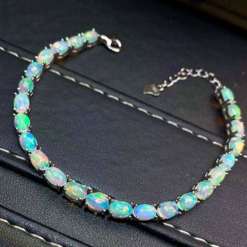 925 Sterling Silver Natural Opal Simple Bracelet Colorful Stone Bracelet Women's Fine Wedding Jewelry 24 Pc 4*6mm Fine Jewelry