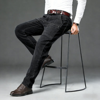 Men's retro workwear jeans, slim fit straight leg with multiple pockets, micro elastic versatile casual pants
