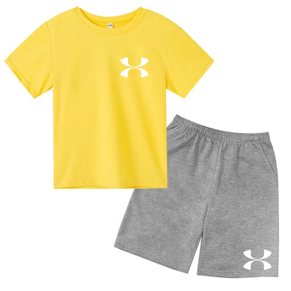 Fashion Two-Piece Casual t-shirt Set Kids  Summer Sports Short-Sleeved Boy Girl 3-13Yrs  T-shirt +Shorts