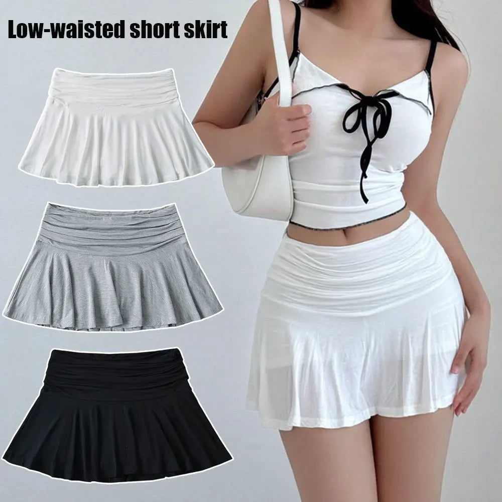 Sweet Pleated Super Mini Skirt Fashion Versatile Black Low-Waisted Skirts Tennis Dance Fitness Short Skirts Women Summer Skirts