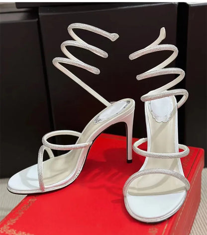 Luxury Rhinestones Snake Coiled Stiletto Heeled Women Gladiator Sandals 2024 Summer Silver Sole High heels Banquet Wedding Shoes