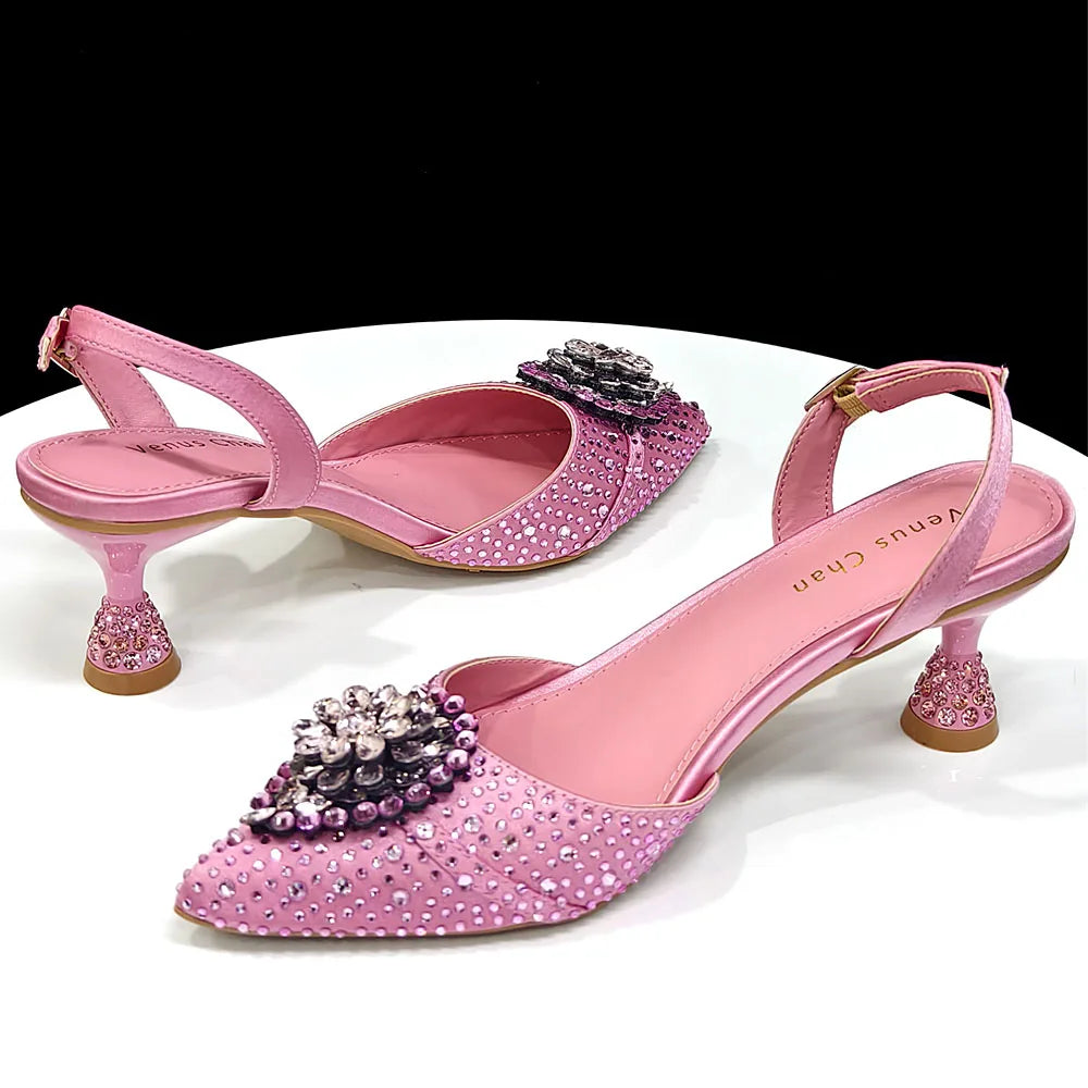 Italian Luxury Rhinestone Taro Purple Pointed Toe High Heel Shoe & Bag Set for Women - Perfect for Parties
