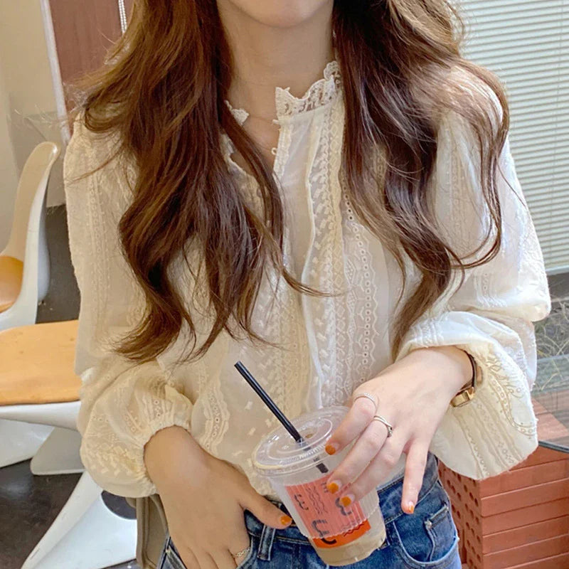 New Chic Spring Autumn  Lace Women Fashion Blouse Long Sleeve Casual Elegant Office Loose Shirt Collar Elegant Top Clothes