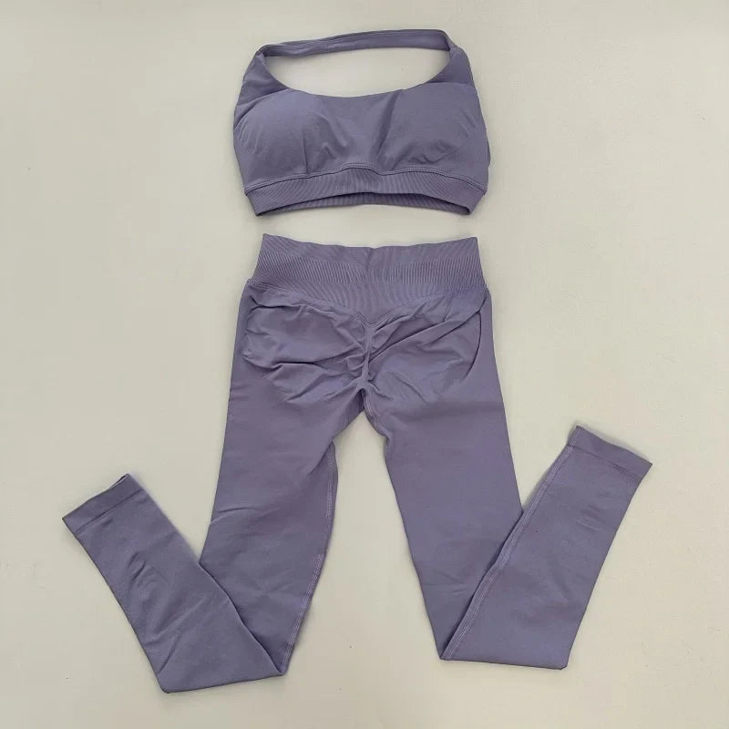 Yoga Legging Sets for Women Seamless Yoga Set Scrunch Butt Legging Set Workout Gym Suit with Halter Crop Top