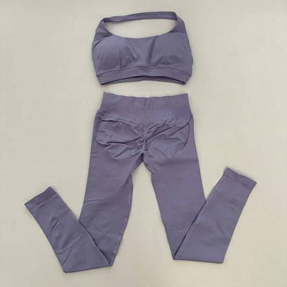 Yoga Legging Sets for Women Seamless Yoga Set Scrunch Butt Legging Set Workout Gym Suit with Halter Crop Top