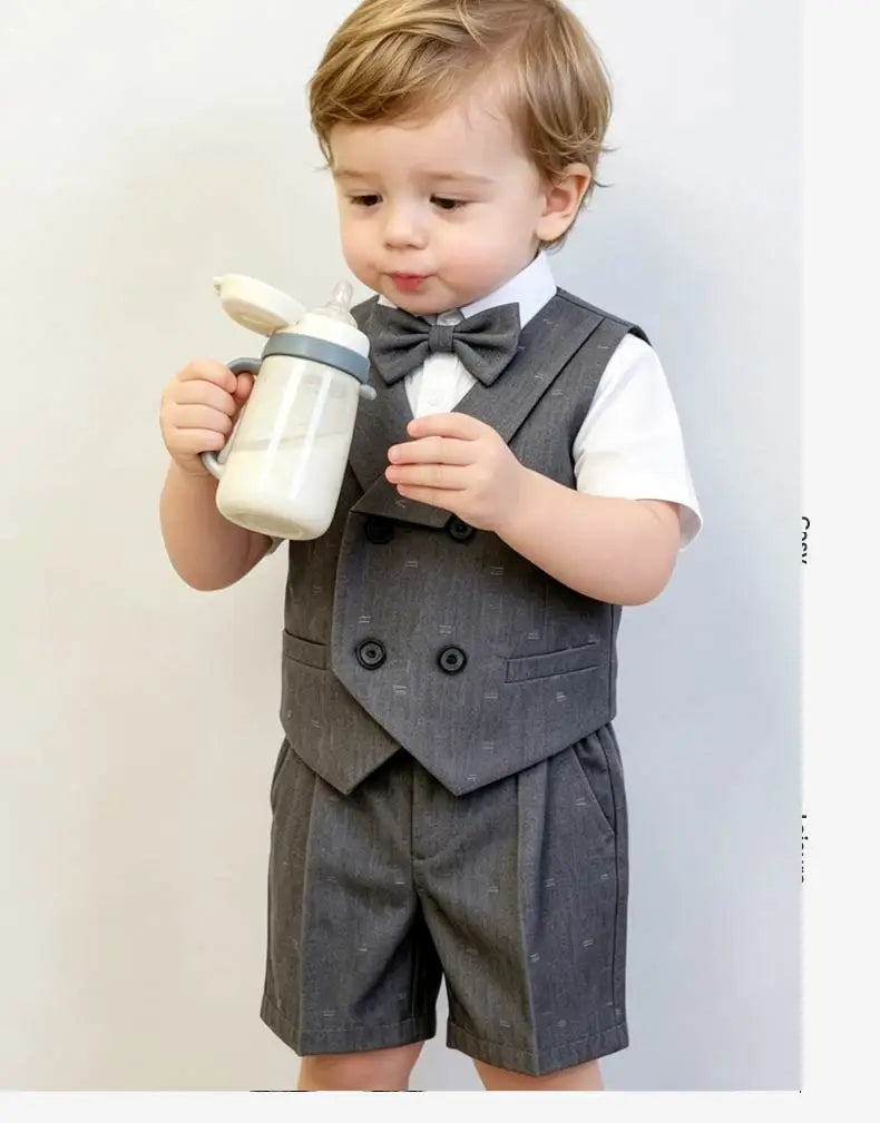 Kids Boys Formal Suit Set Denim Gray Vest Shorts Bowtie 3PCS Wedding Birthday Party Gentleman Outfit for Toddler 1-8Yrs Clothes