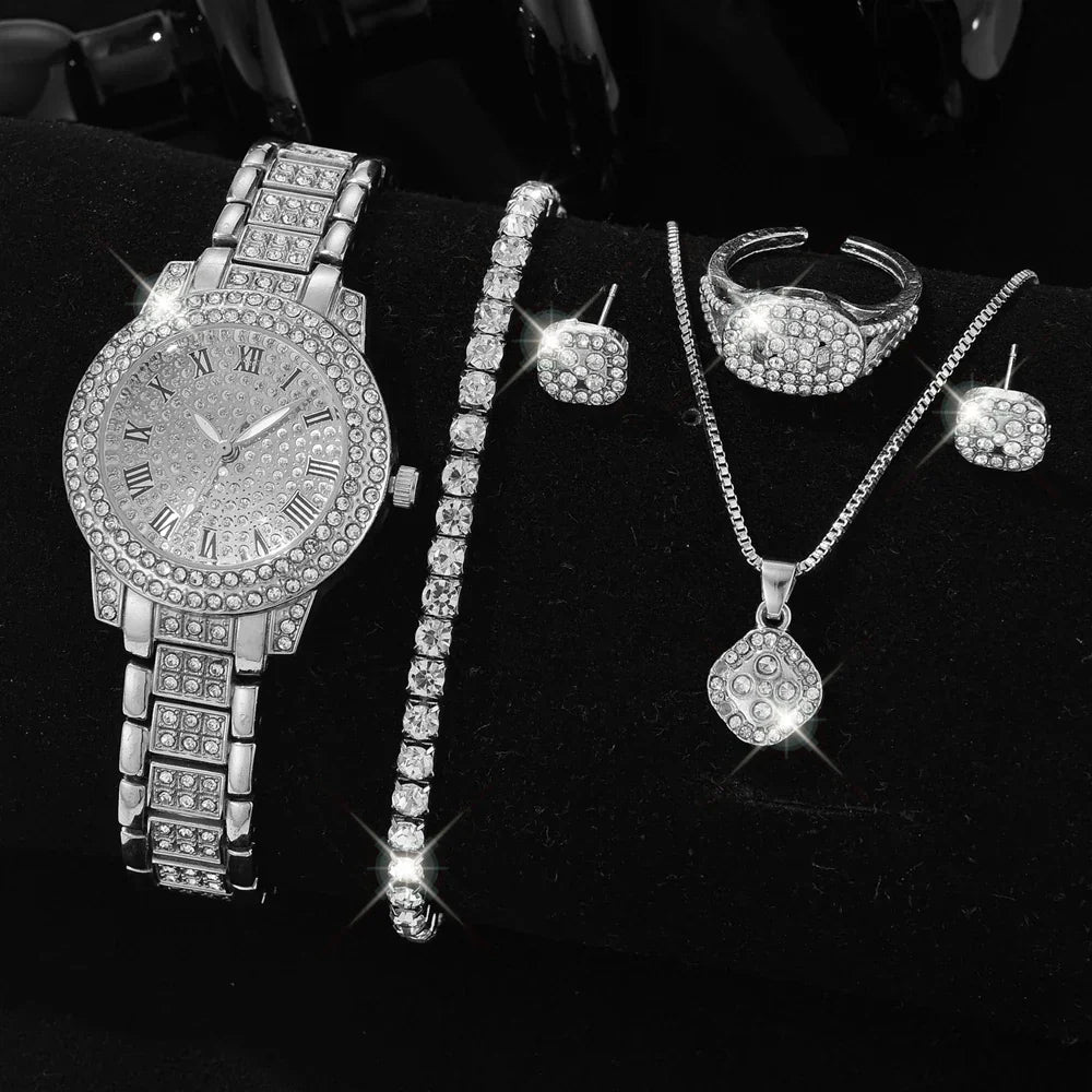 6PCS/SET Silver Women's Watch Business Leisure Element Watch Luxury Dial Quartz Watch Jewelry Set Gift For Her