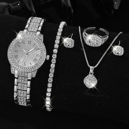 6PCS/SET Silver Women's Watch Business Leisure Element Watch Luxury Dial Quartz Watch Jewelry Set Gift For Her