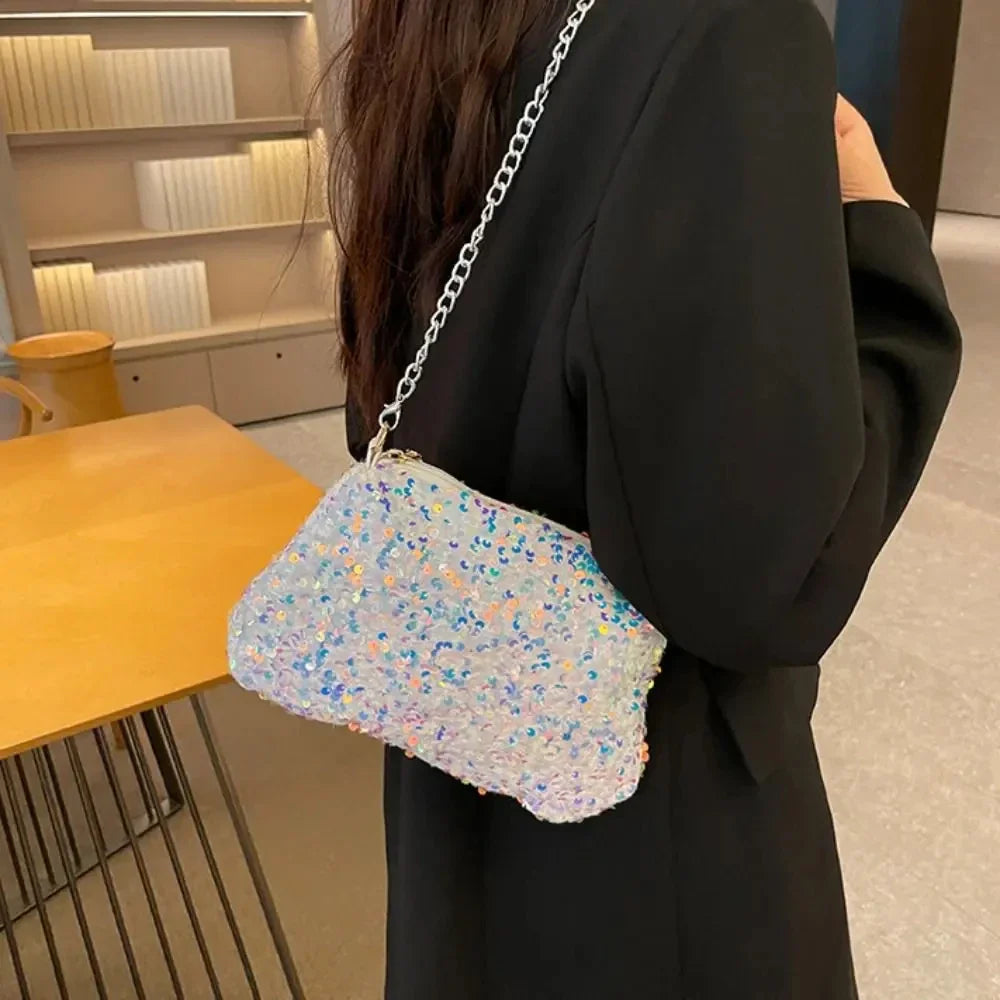 Solid Color Sequins Crossbody Bag Simple INS Chain Sequins Shoulder Bag Pocket Bag Phone Bag Small Square Bag Dinner Party