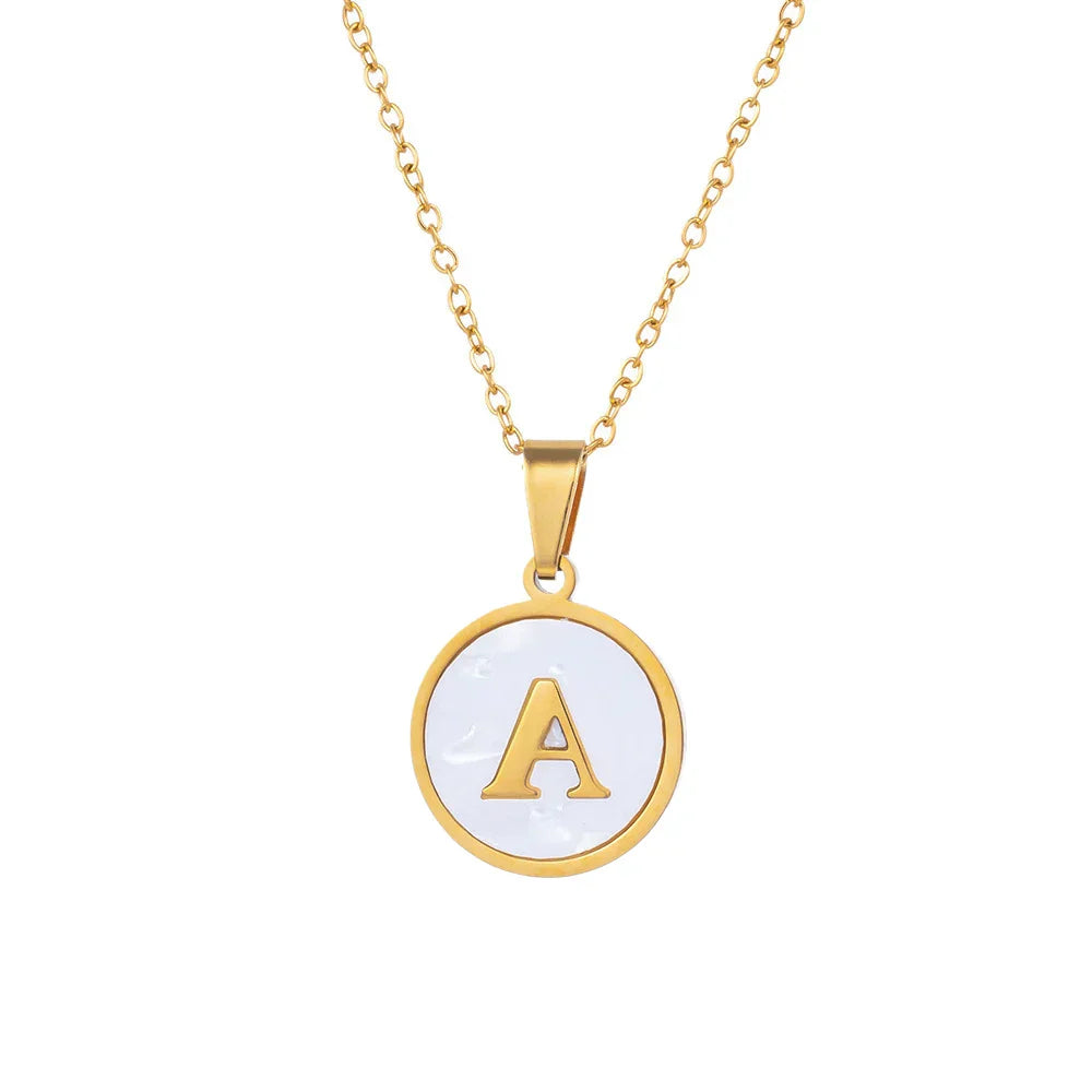 Round Gold Color Initial Letter Necklace Shell Circle Pendant Necklaces For Women Men Stainless Steel Chain Jewelry Gift