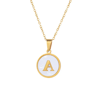 Round Gold Color Initial Letter Necklace Shell Circle Pendant Necklaces For Women Men Stainless Steel Chain Jewelry Gift