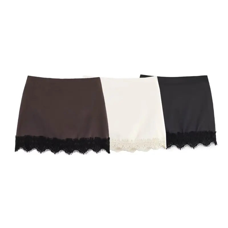 Summer Women Elegant Satin Silk Lace Fringe Mini Skirt High Waist Slim Anti-light Safety Bottoming Half Slip Underskirt 3 Colors