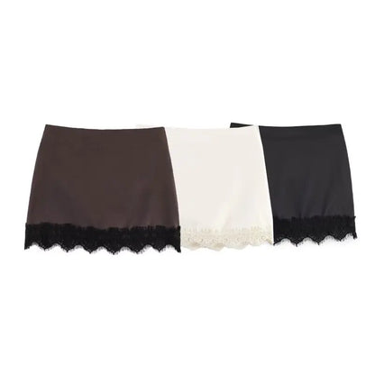 Summer Women Elegant Satin Silk Lace Fringe Mini Skirt High Waist Slim Anti-light Safety Bottoming Half Slip Underskirt 3 Colors