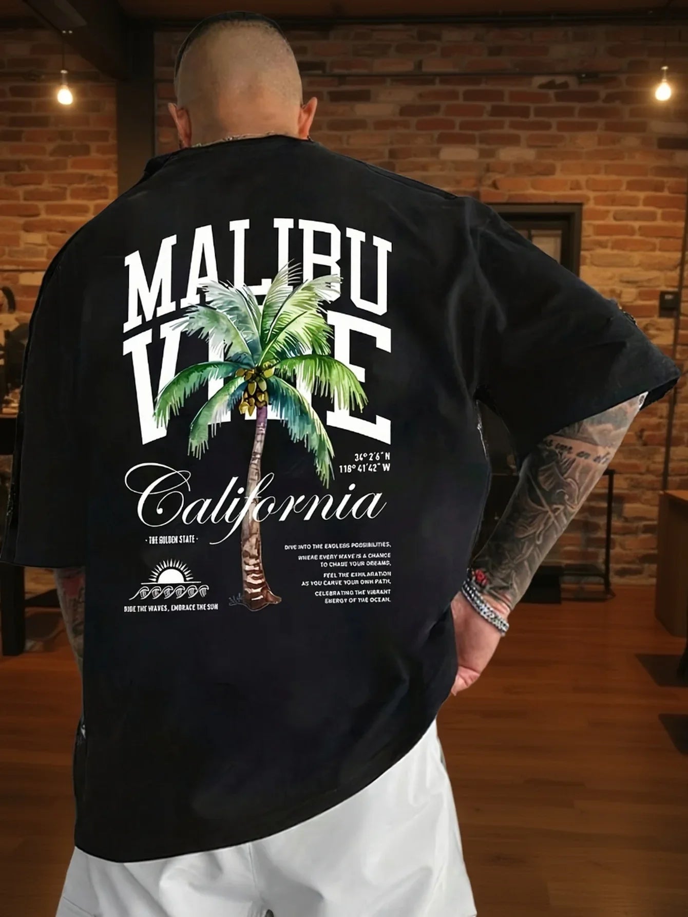 Unique Malibu California Palm Tree Vibe Print on Breathable Comfortable 100% Cotton Mens T shirt Great for Summer Hangouts