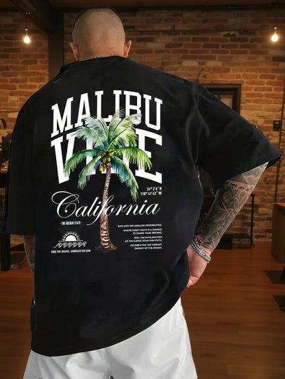 Unique Malibu California Palm Tree Vibe Print on Breathable Comfortable 100% Cotton Mens T shirt Great for Summer Hangouts