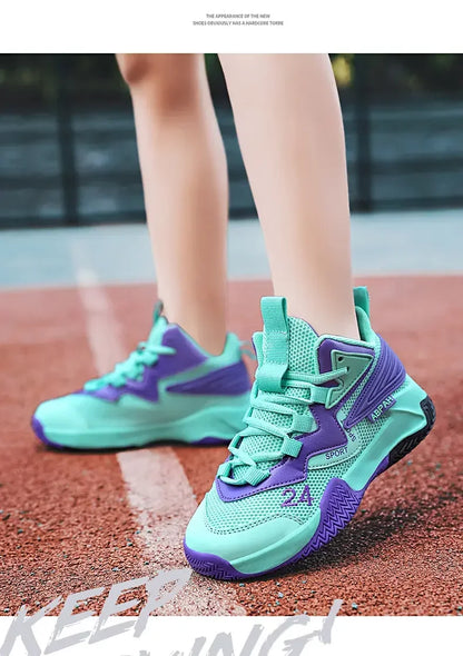 Children Basketball Shoes for Boys Girls Kids Teenagers Breathable Non-slip Lace Up Indoor Outdoor Training Sneakers Tennis Shoe