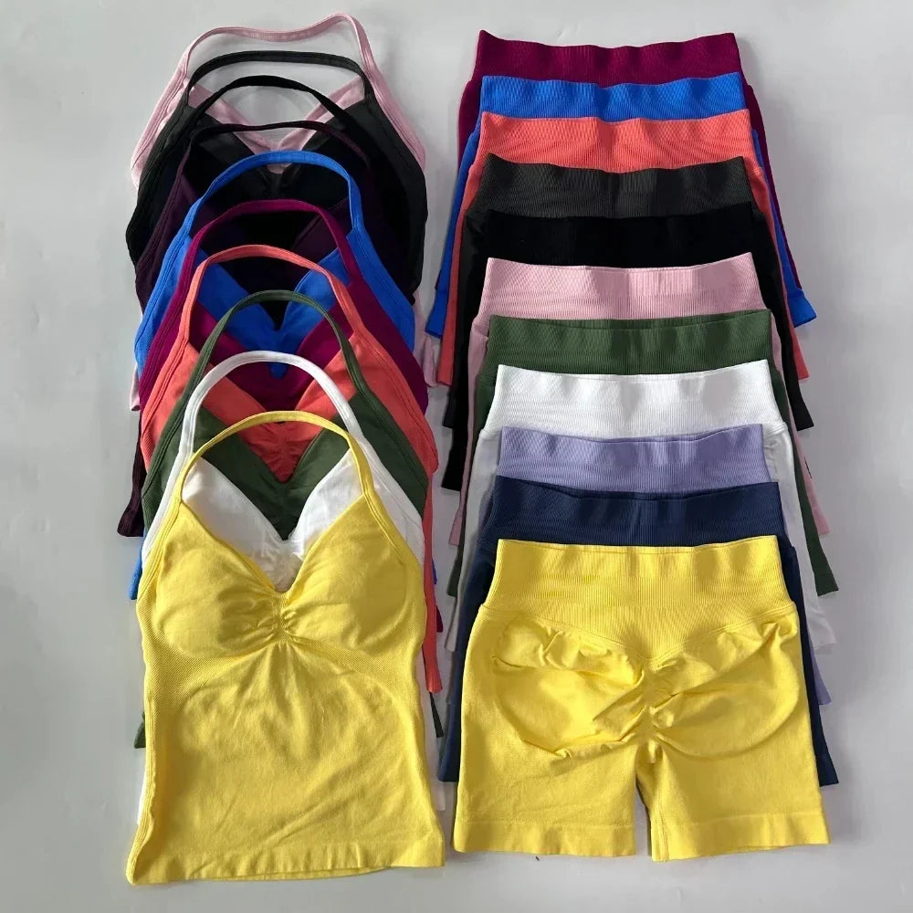 Yoga Longline Strappy Top Leggings Set Women's Backless Camisole Built-In bra Vest High-Waisted Hip Lift Gym Shorts Sports Set