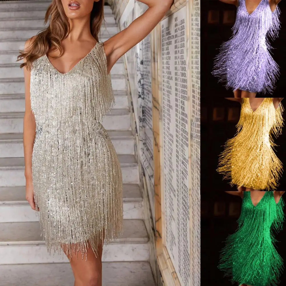 Elegant Dress Stretchy Tassel Sequins Decor Sexy Bodycon Mini Dress Pure Colors Above Knee Summer Dress Club Wear
