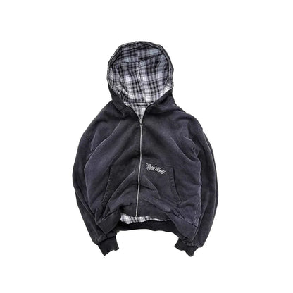 American Retro Reversible Plaid Zipper Hoodie Sweatshirt Mens Womens Casual Plaid Sweatshirt Solid Color Lining Y2K Street Style