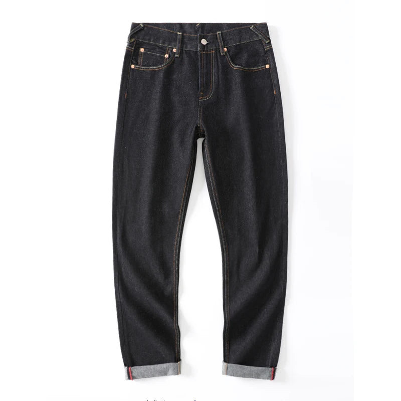 Men's Japanese Handmade Embroidered Cotton Jeans Straight Tube Slim Fit Hip-Hop Trousers Red Ear Detail Devil Big M Golden Text