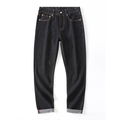 Men's Japanese Handmade Embroidered Cotton Jeans Straight Tube Slim Fit Hip-Hop Trousers Red Ear Detail Devil Big M Golden Text