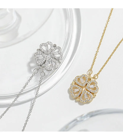 Transform Luxury Four Leaf Clover Pendant Necklace  Stainless Steel Crystal Gold Color Heart Jewelry for Women Gift