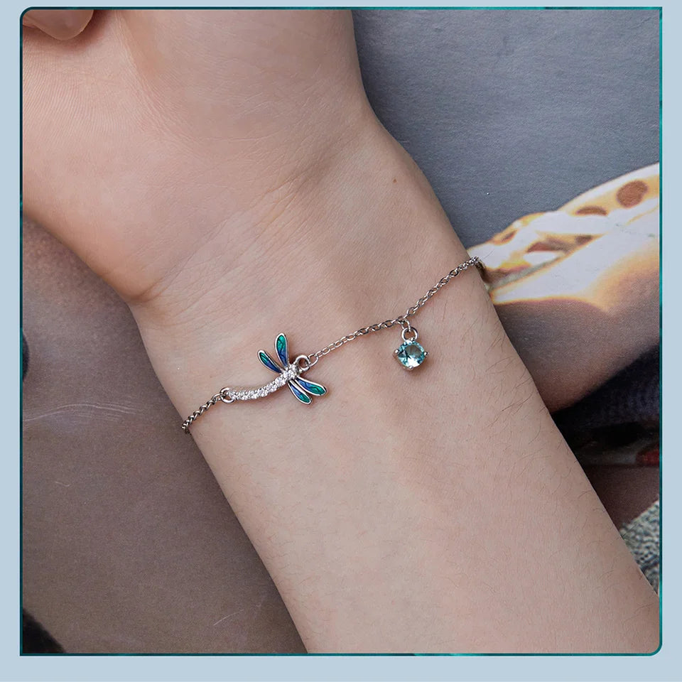 925 Sterling Silver Green and Blue Enamel Dragonfly Bracelet Insect Chain Link for Women Pave Setting CZ Fine Jewelry