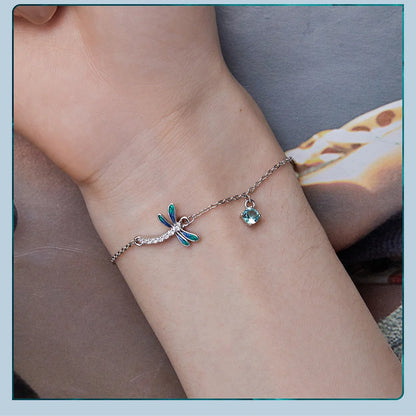 925 Sterling Silver Green and Blue Enamel Dragonfly Bracelet Insect Chain Link for Women Pave Setting CZ Fine Jewelry