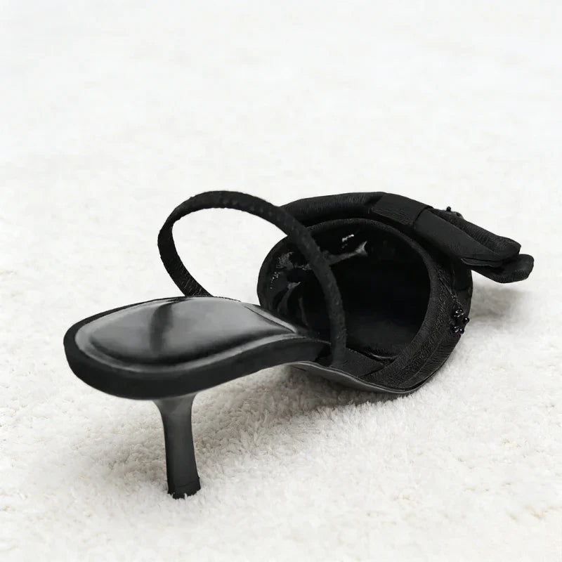 Black Mesh Beaded Decoration Heeled Sandals Women Sexy Pointed Toe Slingbacks Thin High Heels Elegant Bow Designer Women Pumps