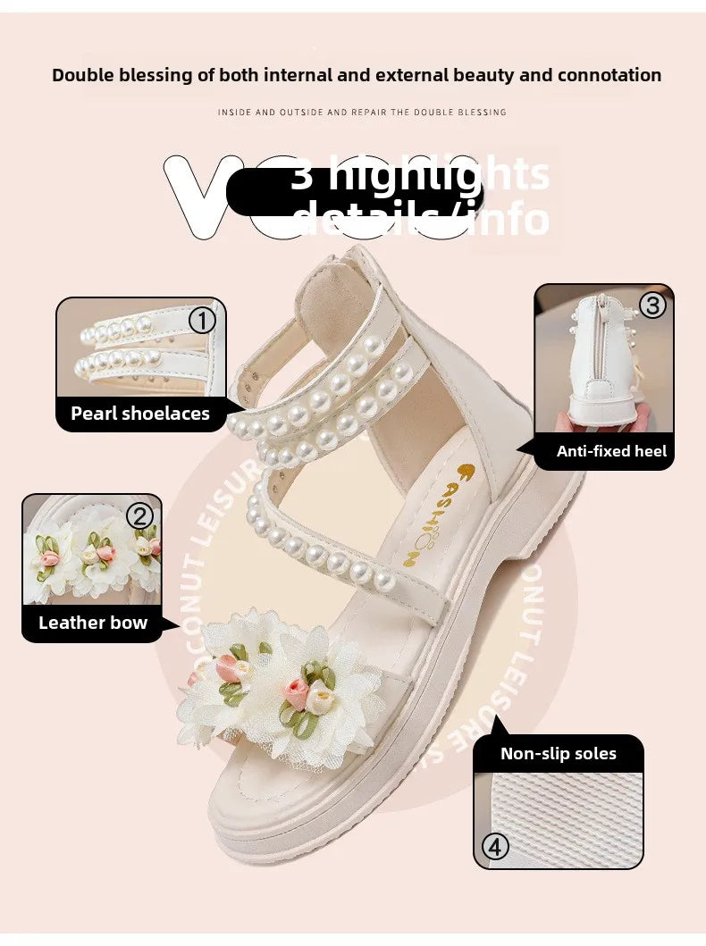 Children's Sandals Summer Bowtie Princess Shoes for Girls Fashion Sweet Kids Causal Pearl Roman Sandals Solid Color Hook Loop