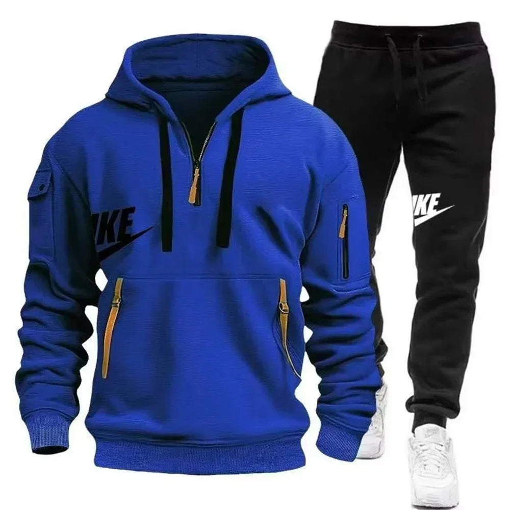 2025 New men's autumn and winter set: Multi-pocket hoodie + sport long pants set, casual men's wear, sportswear and warm set