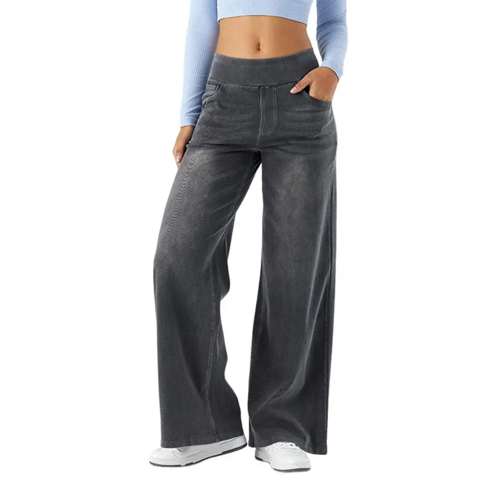 Wide Leg Jeans Solid Color Elastic High Waist Lady Pants