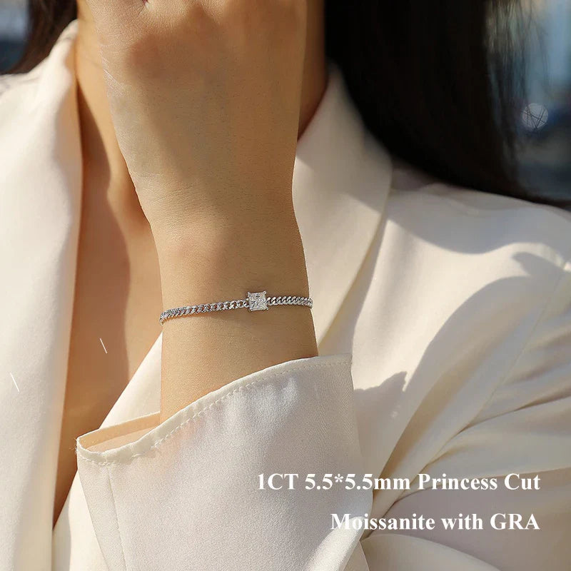 1CT Oval Cut D Color Moissanite Diamond Bracelet for Women 925 Silver Plated 18k Adjustable 16-21cm Cuban Link Bracelets
