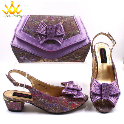 Italian Women Shoes Matching Bag Set in Sky Blue Color Comfortable Heels with Appliques for Wedding
