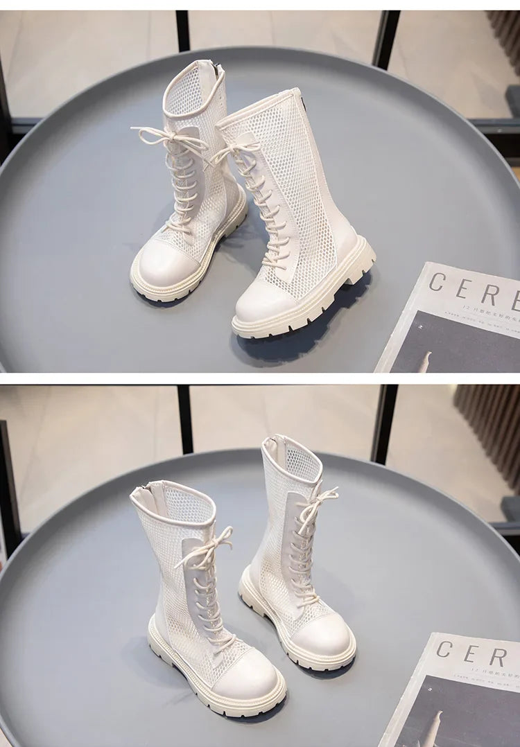 Children Summer Shoes Girls Fashion Sandals High-top Mesh Boots Net Breathable Shoelace Decoration with Zipper Cut-out Ins Style