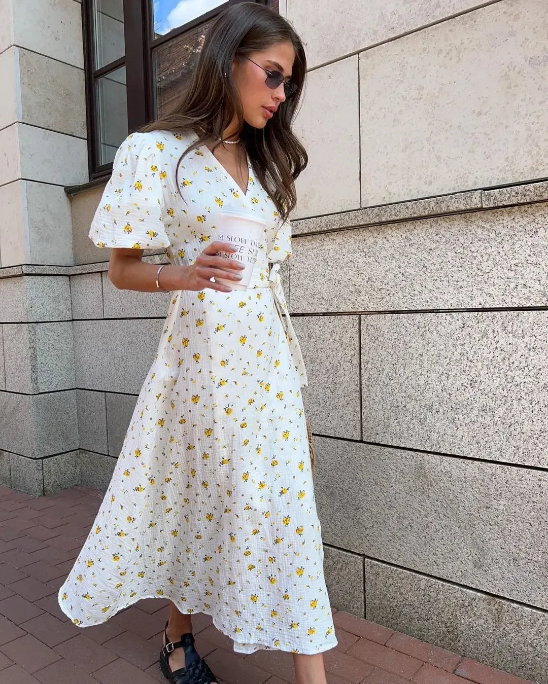 Summer Women Psrinted Dress Lace Up Short Sleeve Fashion Office Lady Long Dress 100% Cotton Daily Casual V-neck Skirt