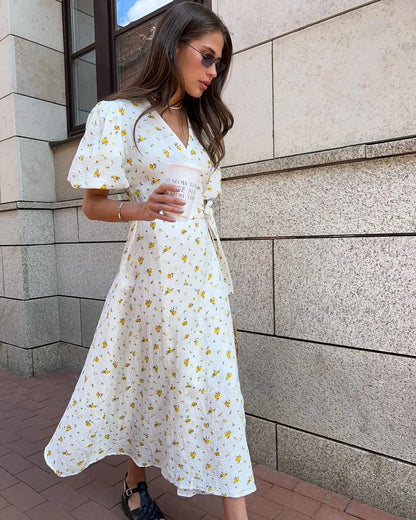 Summer Women Psrinted Dress Lace Up Short Sleeve Fashion Office Lady Long Dress 100% Cotton Daily Casual V-neck Skirt