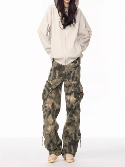 American retro camouflage work pants men's trendy brand high street straight tube loose casual multi pocket wide leg paratrooper