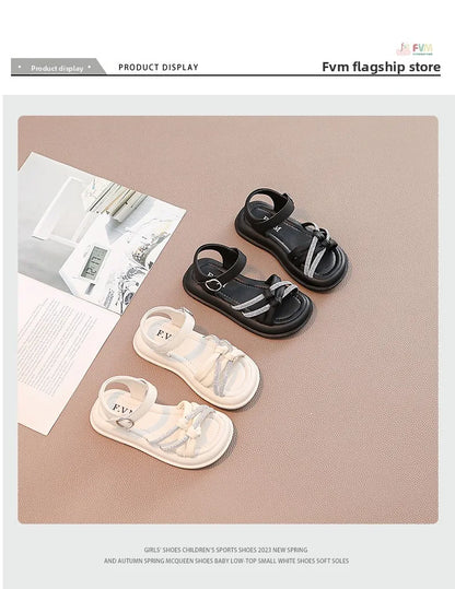 2026Summer Princess Girls Sandals Summer Children Beach Shoes Girls Open-toed Sandals Soft PU Leather Flat Kids Sandals For Girl