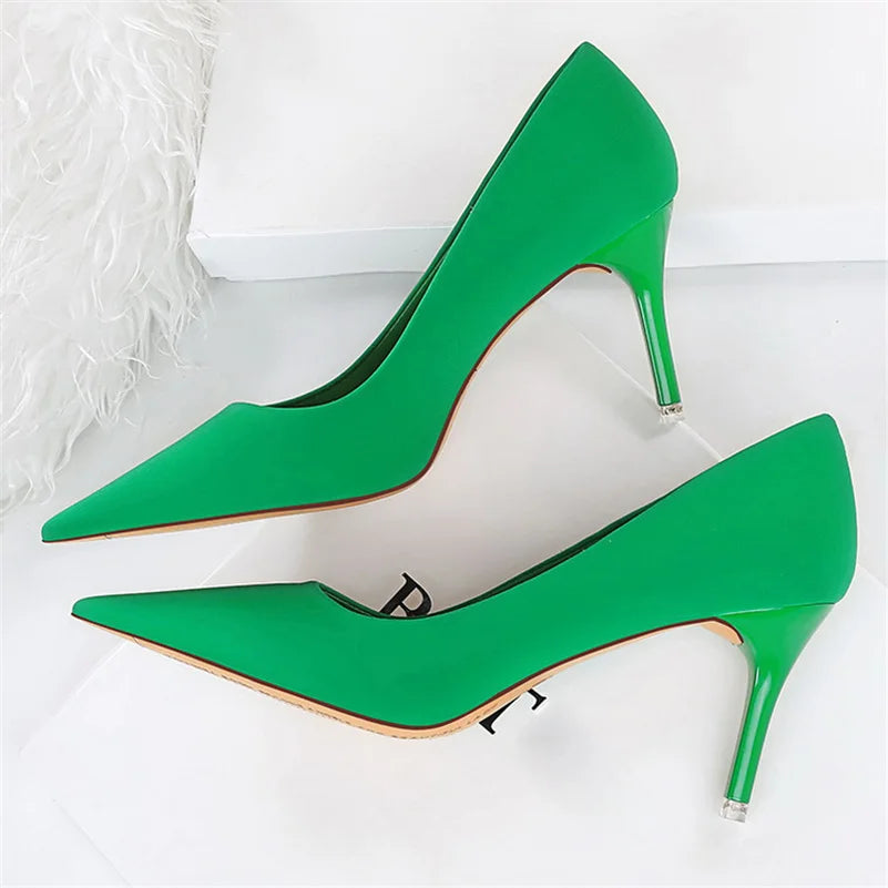 Women 7.5cm 10.5cm High Heels Scarpins Silk Satin Pumps Lady Quality Green Purple Fetish Wedding Bridal Mid Low Heels Prom Shoes