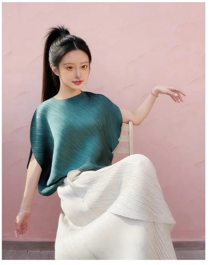 Miyake pleated high-end design fashionable irregular solid color round neck top for women