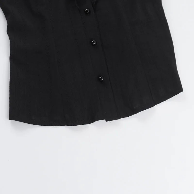 Cotton Shirts Women Vintage Gothic Black White Jacquard Short Sleeve Blouses Elegant Office Lady Y2k Tops