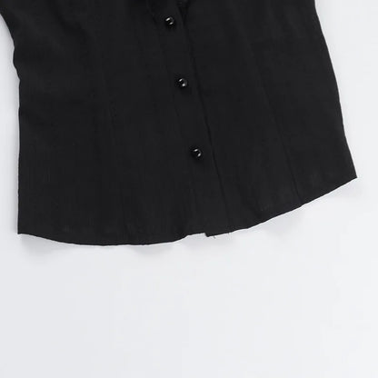 Cotton Shirts Women Vintage Gothic Black White Jacquard Short Sleeve Blouses Elegant Office Lady Y2k Tops