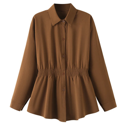 2026 Women's Plus Size Blouse Korean Style Spring Autumn Loose Elegant Casual Mid-length Tops Long Sleeved Waist Cinching Shirts