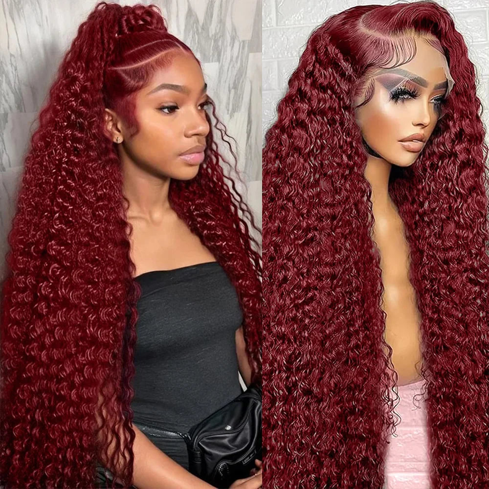 13x6 99j Burgundy Lace Front Wigs Human Hair Deep Wave 250 Density Transparent Frontal Wigs Pre Plucked Red Curly Wigs for Women