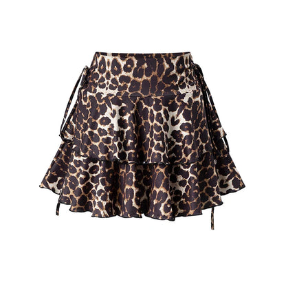 Summer New Style Elegant And Simple Floral Leopard Print Skirt Women's Fashion Ruffle Side Fake Drawstring All-Match Short Skirt