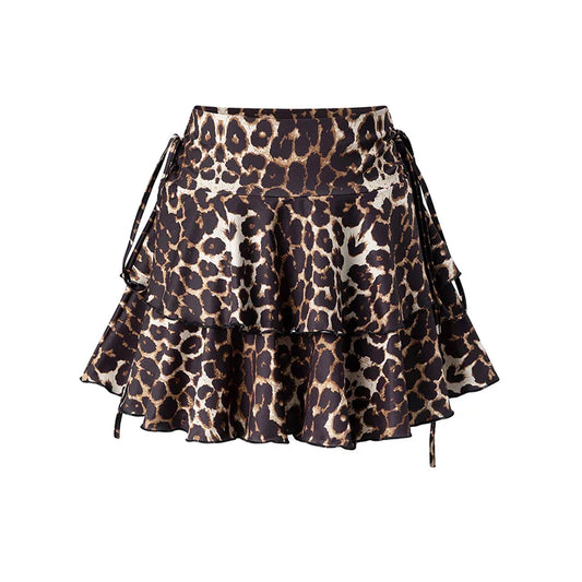 Summer New Style Elegant And Simple Floral Leopard Print Skirt Women's Fashion Ruffle Side Fake Drawstring All-Match Short Skirt