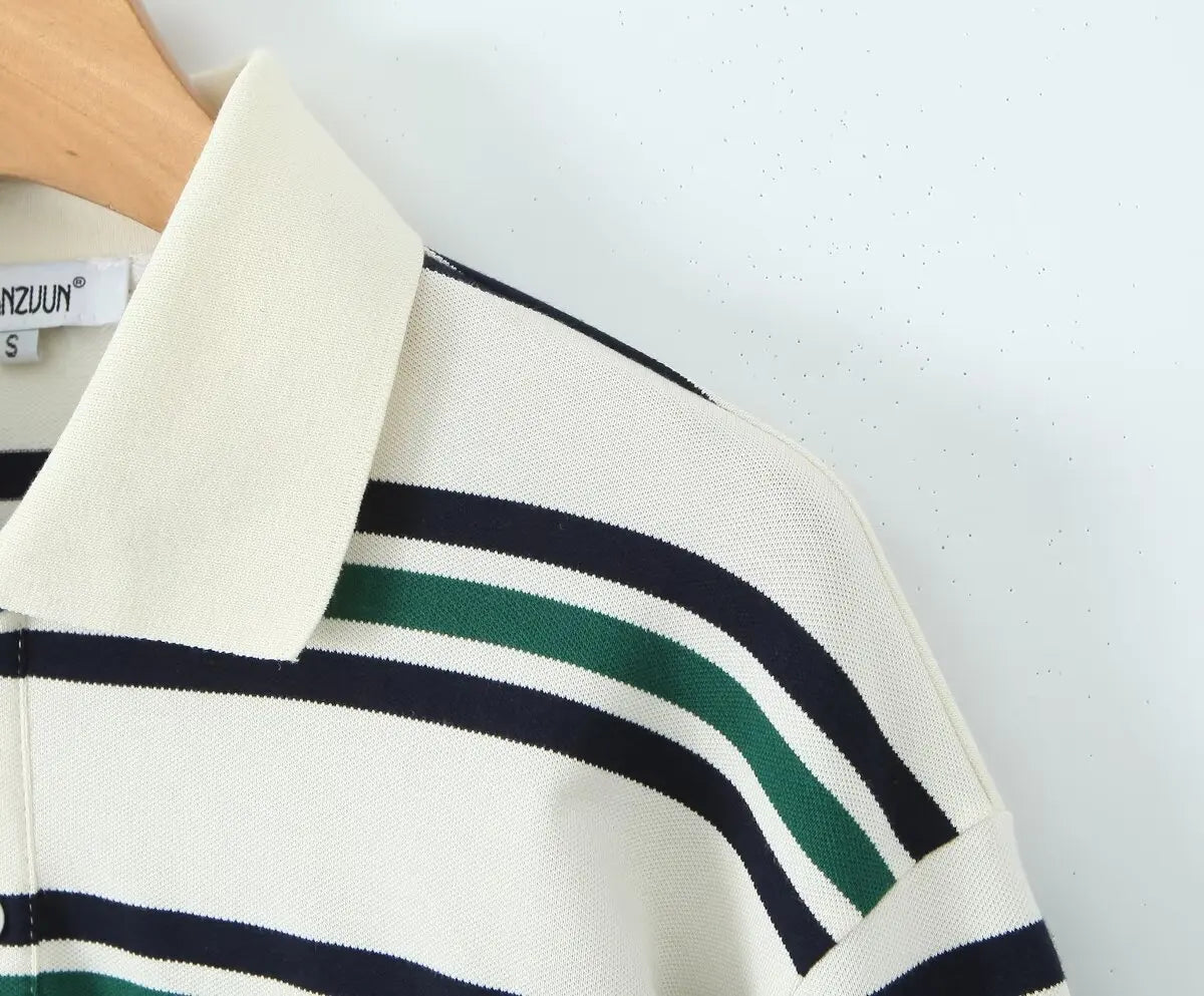 2025 Summer Ladies Polo Shirts Woman Long Sleeve Crop Top Striped Vintage Clothes Polo Shirts Mujer Streetwear Casual Tops Brown